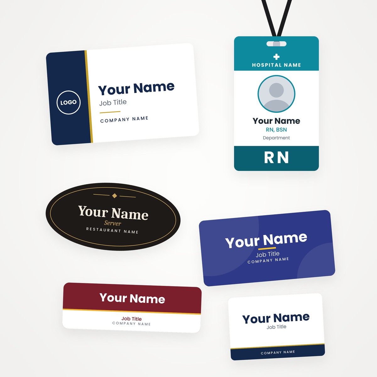 Custom name badges and name tags in oval and rectangle sizes for business, restaurant and medical teams